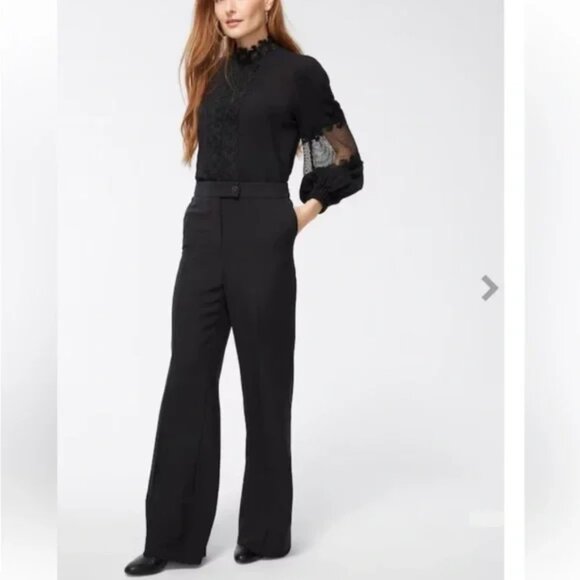 Chico’s Black Label lovely black lace trim high neck bell sleeve tunic, sz 16 - Picture 3 of 12